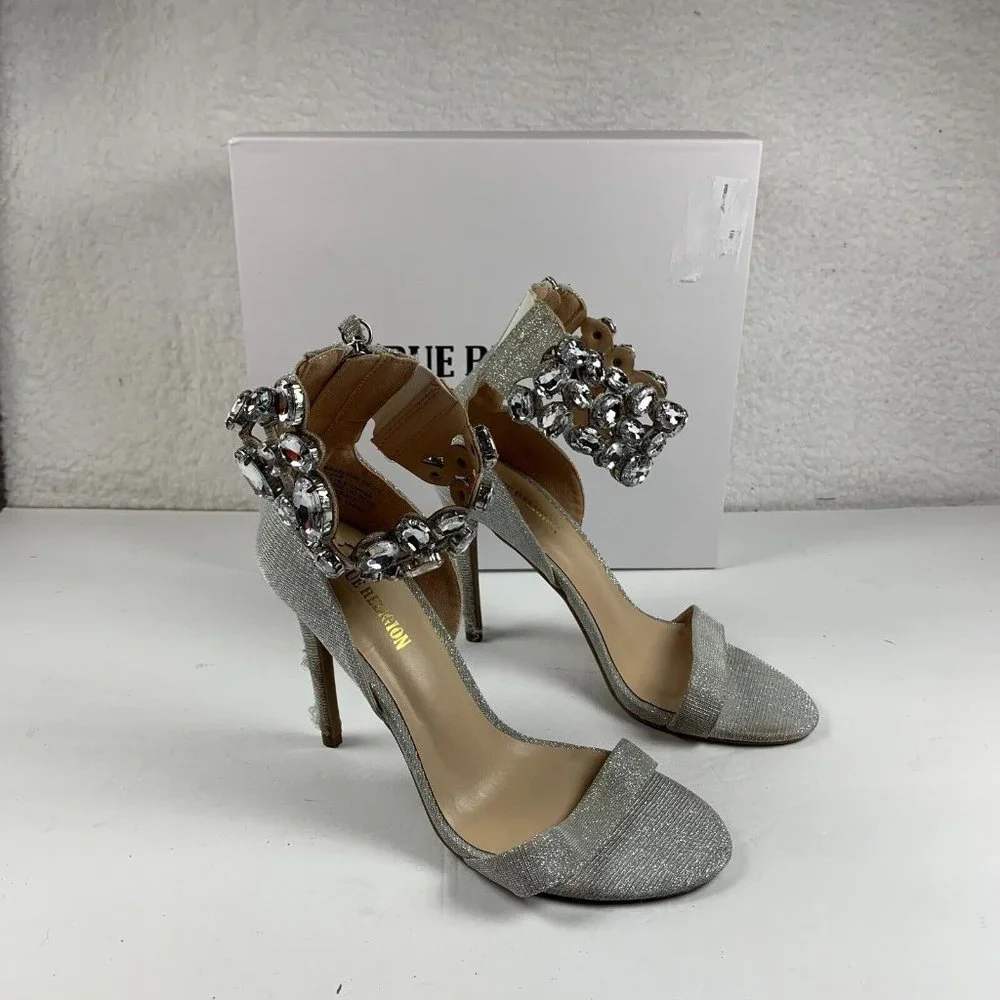 True Religion Braelynn Ankle Wrap Dress Heels 7.5M Jewel Embellished Silver 7963
